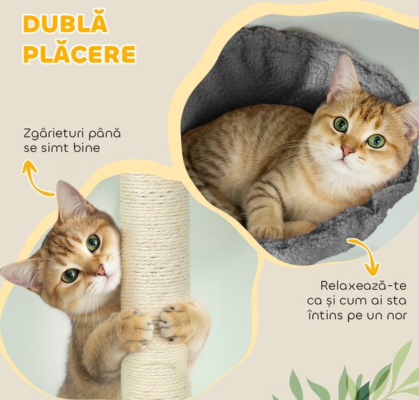 PawHut Ansamblu de joacă pentru Pisici Înalt 220-240 cm cu Hamac, Casetă, Platforme și Stâlpi din Sisal, Gri | Aosom Romania