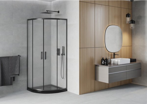 Mexen Rio, duș pătrat cu ușă glisantă 90(uşă) x 90(uşă) x 190 cm, sticlă mată 6mm, profil negru + cadă de duș SLIM neagră, 863-090-090-70-30-4170B