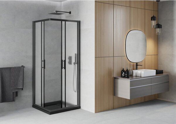 Mexen Rio, duș pătrat cu ușă glisantă 70(uşă) x 70(uşă) x 190 cm, sticlă mată 6mm, profil negru + cadă de duș SLIM neagră, 860-070-070-70-30-4070B