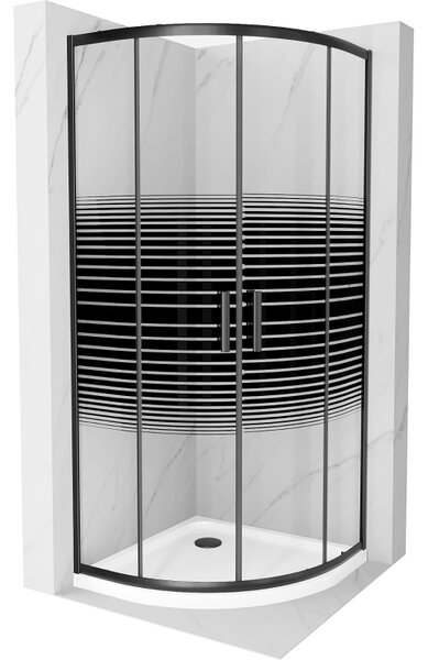 Mexen Rio, duș pătrat cu ușă glisantă 90(uşă) x 90(uşă) x 190 cm, sticlă transparentă de 6 mm cu benzi, profil negru + cadă de duș albă Slim, 863-090-090-70-20-4110B