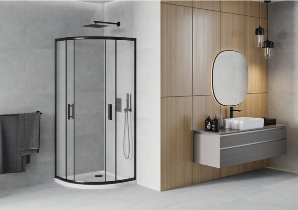 Mexen Rio, duș pătrat cu ușă glisantă 80(uşă) x 80(uşă) x 190 cm, sticlă mată 6mm, profil negru + cadă de duș SLIM albă, 863-080-080-70-30-4110B