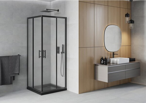Mexen Rio, duș pătrat cu ușă glisantă 70(uşă) x 70(uşă) x 190 cm, sticlă mată 6mm, profil negru + cadă de duș SLIM neagră, 860-070-070-70-30-4070B