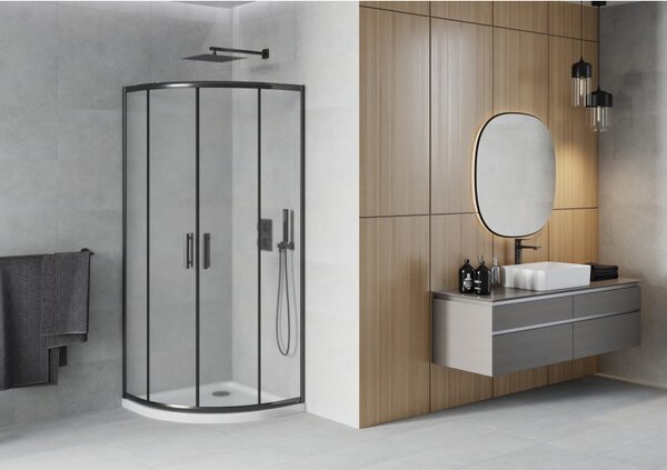 Mexen Rio, duș pătrat cu ușă glisantă 80(uşă) x 80(uşă) x 190 cm, sticlă mată 6mm, profil negru + cadă de duș SLIM albă, 863-080-080-70-30-4110B