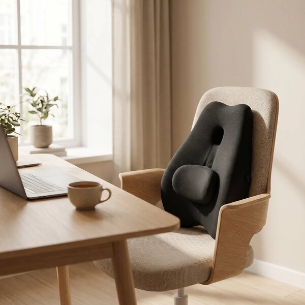 Perna lombara memory foam cu suport reglabil, husa catifea, Negru