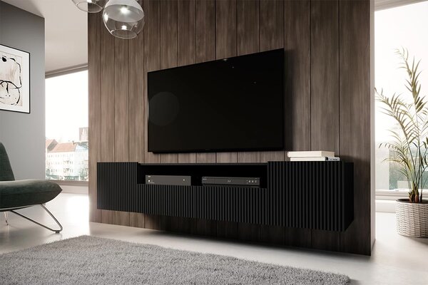 Comodă TV suspendatăă Nicole 200 cm cu nișă și sertare – negru / negru mat