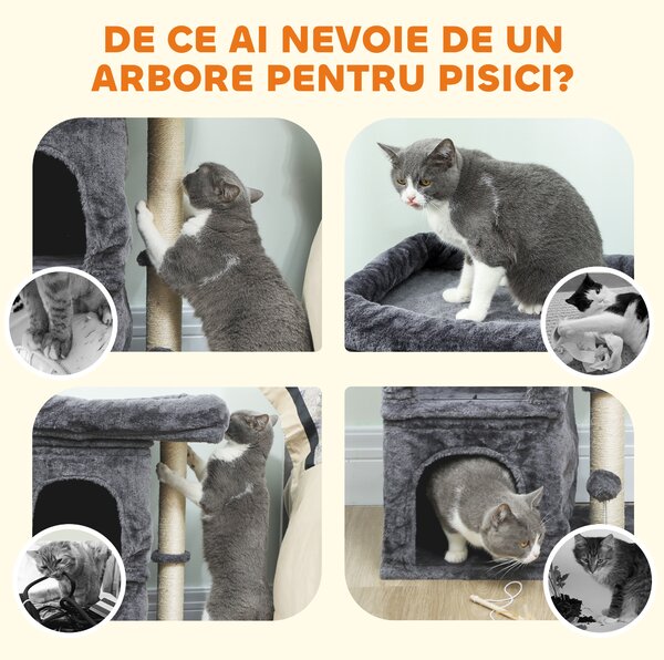 PawHut Ansamblu de joacă pentru pisici de până la 7 kg cu 2 căsuțe, pat și stâlp de sisal, 66cm, Gri | Aosom Romania