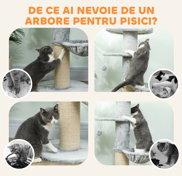 PawHut Ansamblu de joacă pentru pisici, 103.5 cm înălțime, cu pat și hamac, Gri | Aosom Romania
