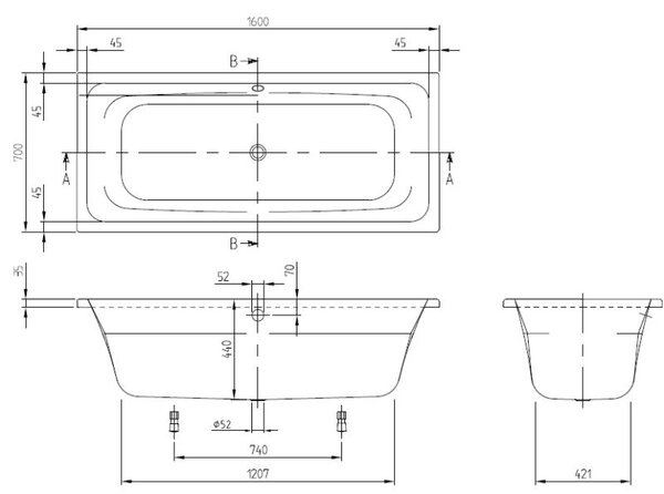 Villeroy & Boch Avento cada dreptunghiulară 160x70 cm alb UBA167AVN2V-01