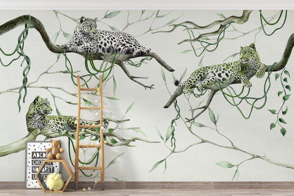 Tapet Leoparzi pe copaci junglă, liane, tropicale, animale sălbatice, paletă de culori, Fototapet pădure, Fototapet Junglă, w03146v1 : Uwalls.ro