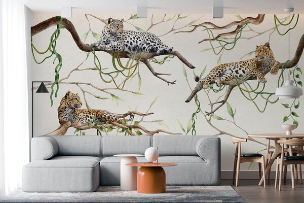 Tapet Leoparzi pe copacii junglei, liane, tropicale, animale sălbatice, paletă de culori naturale, Fototapet Animale, w03146 : Uwalls.ro