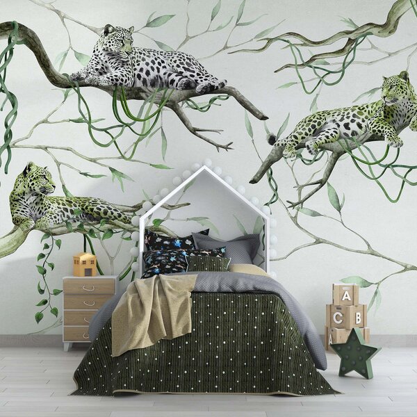 Tapet Leoparzi pe copaci junglă, liane, tropicale, animale sălbatice, paletă de culori, Fototapet pădure, Fototapet Junglă, w03146v1 : Uwalls.ro