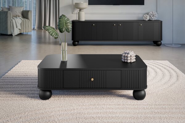Măsuță de cafea Vesper 103x60 cm cu sertar - negru cu mânere aurii și picioare sferice