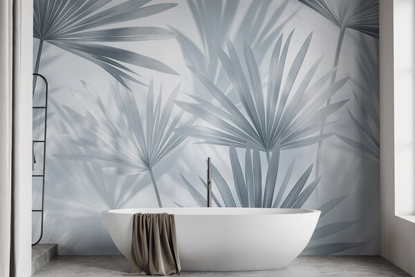 Tapet Frunze de palmier, model floral, minimalism, tropical, culori gri, Fototapet pădure, Fototapet Tropics, w03152v1 : Uwalls.ro