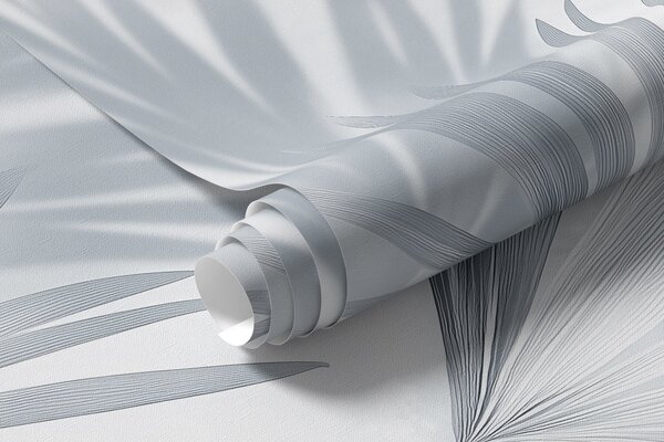 Tapet Frunze de palmier, model floral, minimalism, tropical, culori gri, Fototapet pădure, Fototapet Tropics, w03152v1 : Uwalls.ro