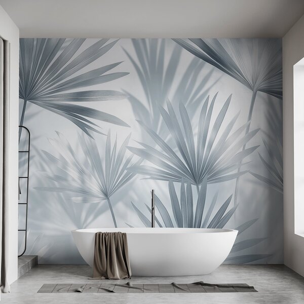 Tapet Frunze de palmier, model floral, minimalism, tropical, culori gri, Fototapet pădure, Fototapet Tropics, w03152v1 : Uwalls.ro