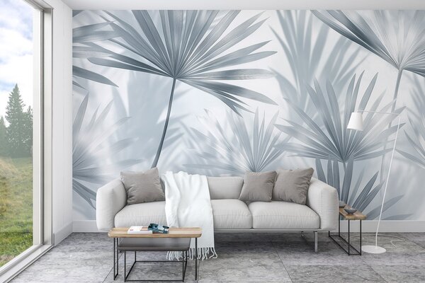 Tapet Frunze de palmier, model floral, minimalism, tropical, culori gri, Fototapet pădure, Fototapet Tropics, w03152v1 : Uwalls.ro