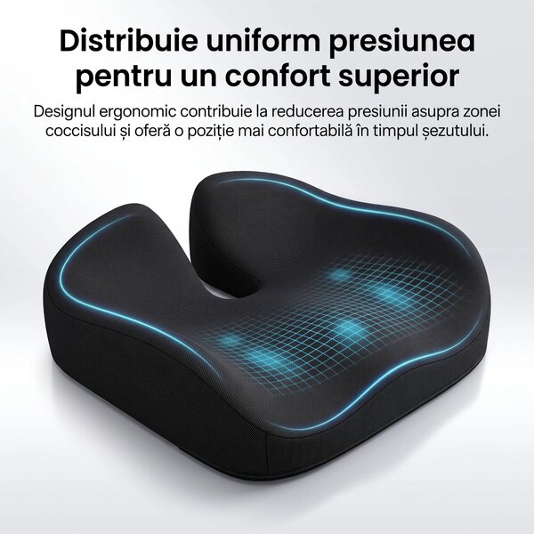 Perna ortopedica sezut memory foam ORTO COCCIS Plus, husa mesh 3D, Neg