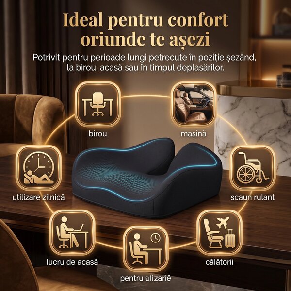 Perna ortopedica sezut memory foam ORTO COCCIS Plus, husa mesh 3D, Neg