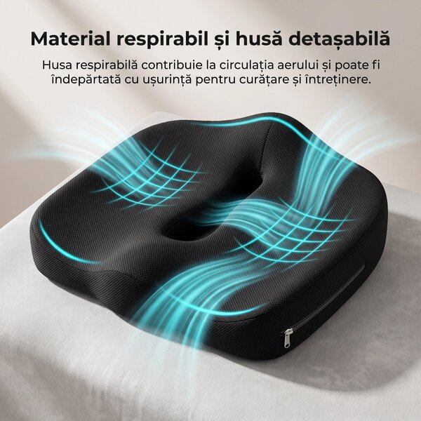 Perna ortopedica sezut memory foam ORTO COCCIS, husa mesh 3D, Negru