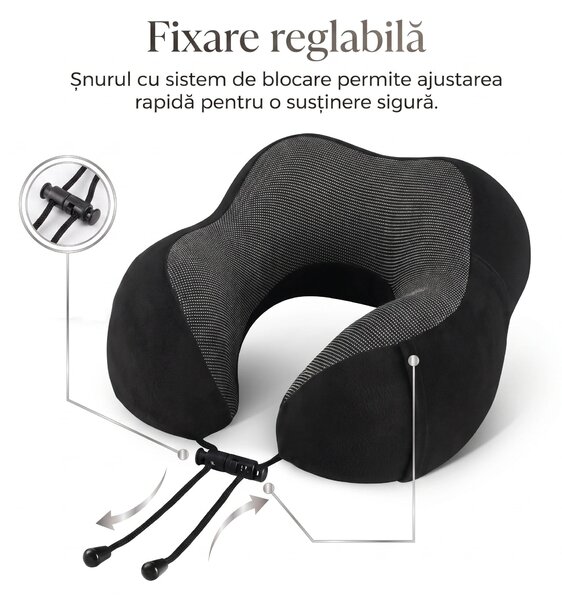 Perna de calatorie cervicala (gat) memory foam, husa catifea, Negru/Gr