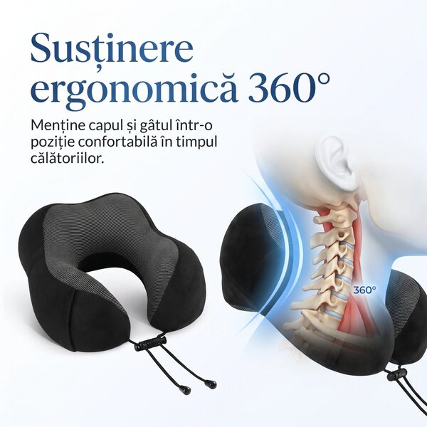Perna de calatorie cervicala (gat) memory foam, husa catifea, Negru/Gr