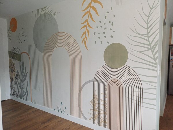 Tapet Imprimare abstractă cu forme geometrice, arcuri și frunze tropicale pe un, Fototapet Natură, Fototapet Foi de palmier, w08835 : Uwalls.ro