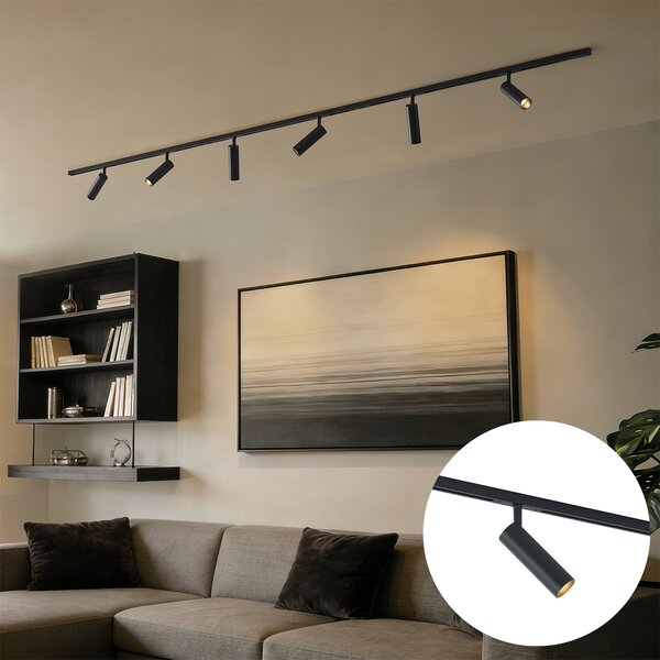 Sistem de iluminat cu șină modern cu 6 spoturi negre monofazate - Slimline Uzzy