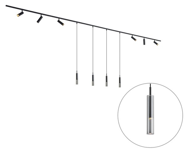 Sistem de iluminat pe șină modern negru cu 6 spoturi și 4 lumini suspendate monofazate - Slimline Uzzy Loyce