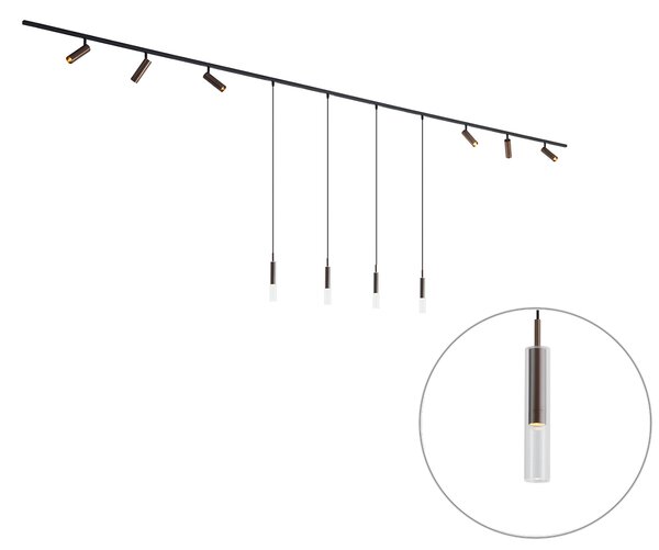 Sistem de iluminat pe șină modern negru cu 6 spoturi și 4 lumini suspendate bronz închis monofazat - Slimline Uzzy Loyce