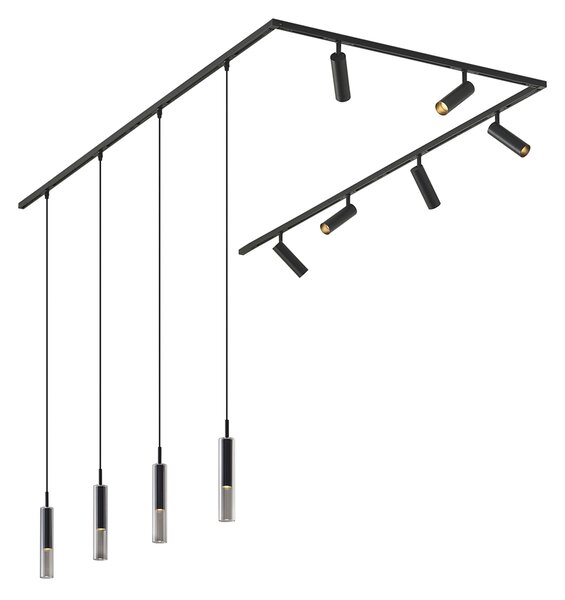 Sistem de iluminat pe șină modern negru cu 6 spoturi și 4 lumini suspendate monofazate - Slimline Uzzy Loyce