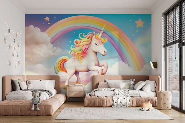 Tapet Un cal unicorn cu un curcubeu, nori și un cer înstelat, Fototapet Pentru Copii, w08820 : Uwalls.ro