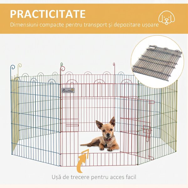 PawHut Țarc pentru Câini cu 8 Panouri, Ușă cu Zăvor, din Oțel, Ø156x60 cm, Multicolor | Aosom Romania
