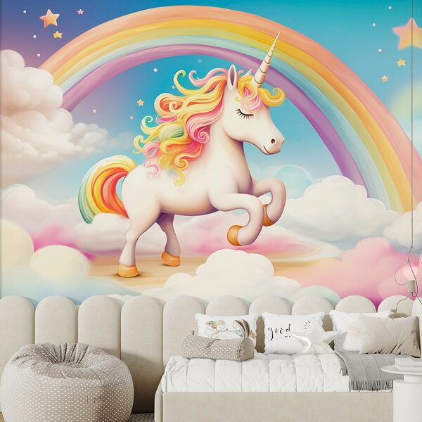 Tapet Un cal unicorn cu un curcubeu, nori și un cer înstelat, Fototapet Pentru Copii, w08820 : Uwalls.ro