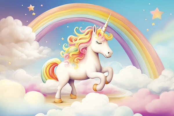 Tapet Un cal unicorn cu un curcubeu, nori și un cer înstelat, Fototapet Pentru Copii, w08820 : Uwalls.ro