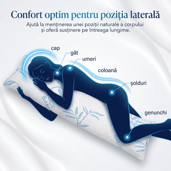 Perna corp memory foam cu husa bambus efect racire, 40×110 cm, Alb/Ver