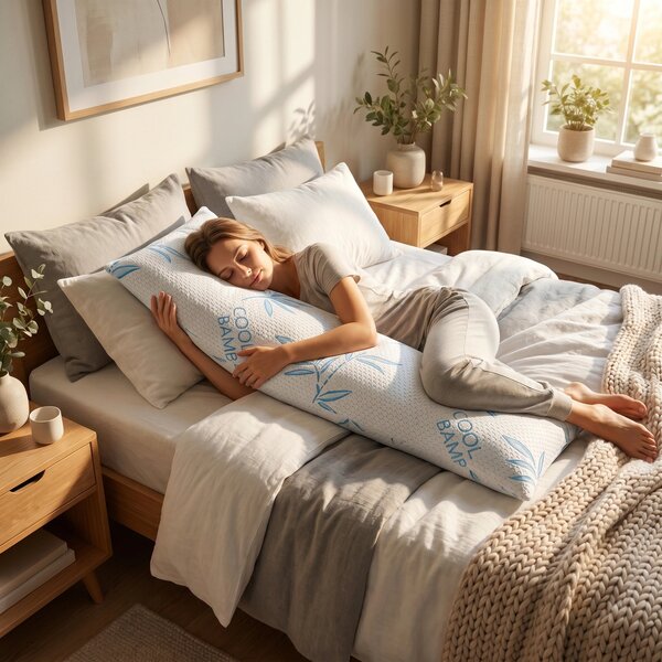 Perna corp memory foam cu husa bambus efect racire, 40×110 cm, Alb/Ver
