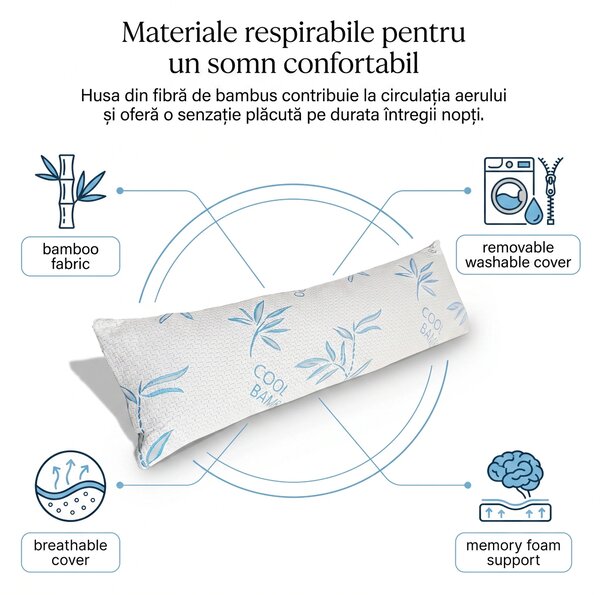 Perna corp memory foam cu husa bambus efect racire, 40×110 cm, Alb/Ver