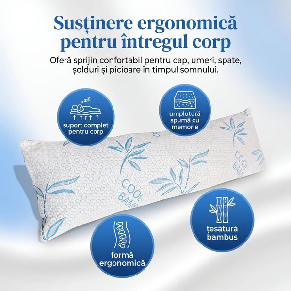 Perna corp memory foam cu husa bambus efect racire, 40×110 cm, Alb/Ver