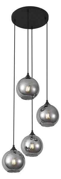 Lampă suspendată Art Deco neagră cu sticlă fumurie cu 4 lumini - Wallace