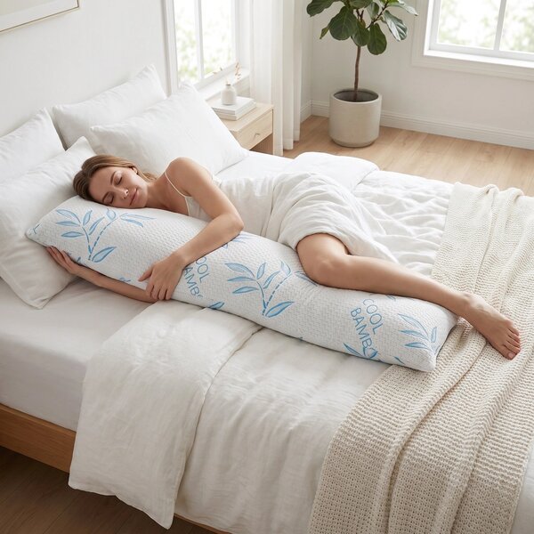 Perna corp memory foam cu husa bambus efect racire, 40×110 cm, Alb/Ver