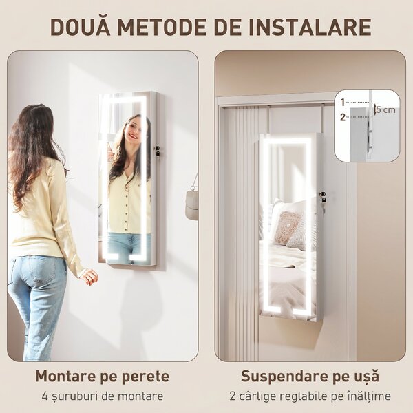 HOMCOM Dulap pentru bijuterii de perete sau pentru ușă, cu oglindă interioară și LED, cu încuietoare și cheie, buzunar cu fermoar, alb | Aosom Romania
