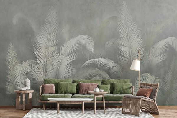 Tapet Tropical frunze de palmier în stil grunge în culoarea verde, Fototapet Natură, w03250v2 : Uwalls.ro