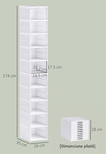 HOMCOM Pantofar Pliabil Slim, Modular, cu 10 Cutii pentru Pantofi, Economisire Spațiu, Fără Montaj, Alb | Aosom Romania