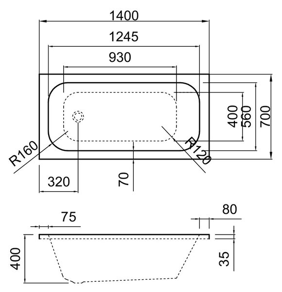 Erga Pureline-O, cadă de baie 1400x700x400 mm fără picioare, alb lucios, ERG-V07-PURELINE-O-140x070-WH