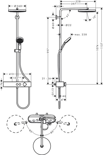 Hansgrohe Pulsify S set de duș perete cu termostat cu duș de ploaie crom 24220000