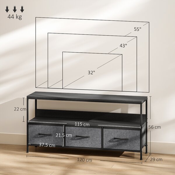 HOMCOM Suport TV Mobil, Până La 55", cu 3 Sertare Textil Pliabile, Raft, 120x29x56 cm, Negru | Aosom Romania