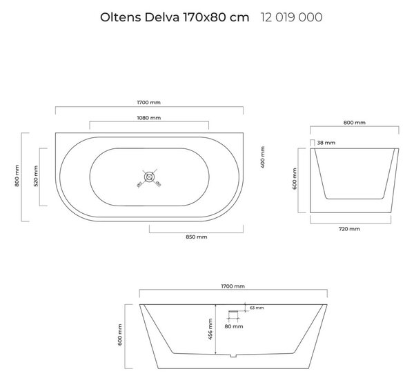 Oltens Delva cadă de perete 170x80 cm ovală alb 12019000