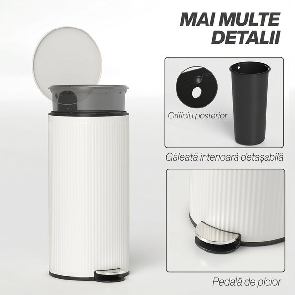 HOMCOM Coș de gunoi 30 L cu capac soft-close, metal și PP, crem | Aosom Romania