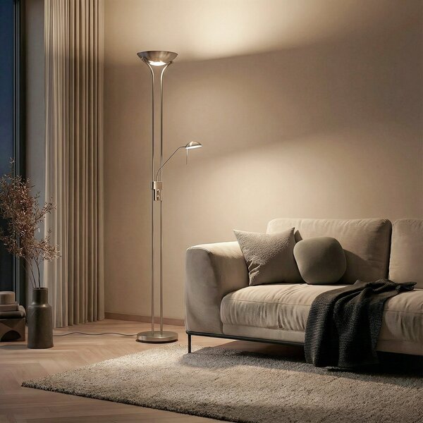 Lindby LED lampă de podea Josefin, nichel, lumină lectură, dimabil, reglabil, Gri, Camera de zi / sufragerie, Metal, Modern, Lumină de lectură