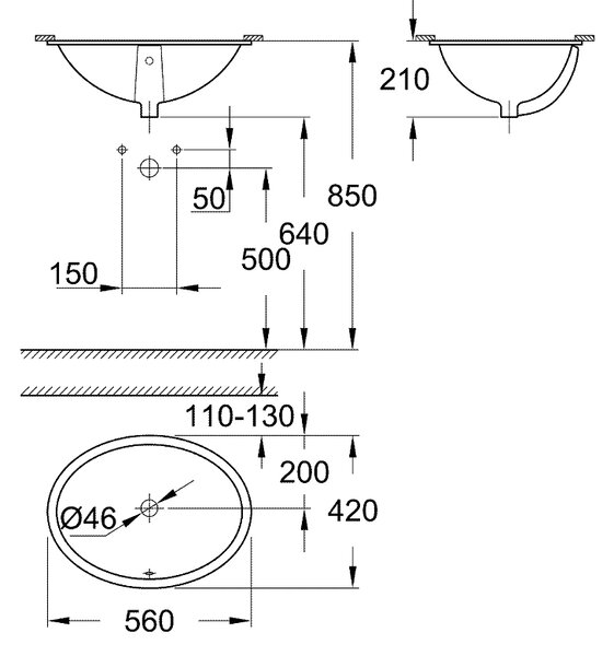 Grohe Bau Ceramic lavoar 56x42 cm ovale sub blat alb luciu 39423000